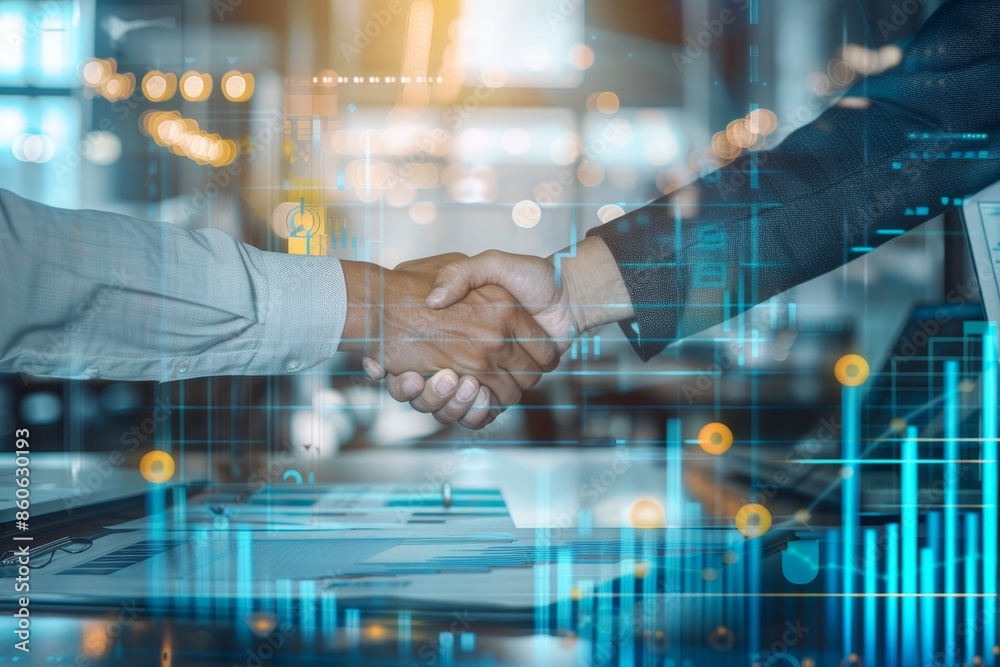 Entrepreneurs seal deal in contemporary office with financial graph, ai technology Entrepreneurs seal deal in contemporary office with financial graph, ai technology
