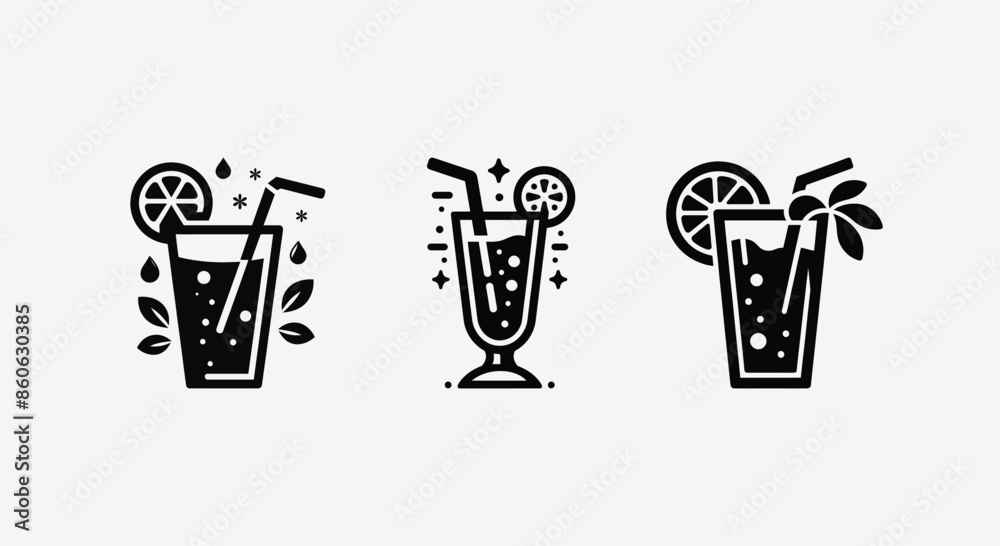 Glass of juice with straw black and white vector set, summer vector elements Glass of juice with straw black and white vector set, summer vector elements