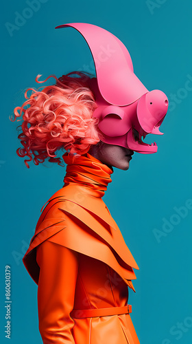 An avant-garde and striking image of a person dressed in an eye-catching, futuristic outfit. The individual is wearing a vibrant orange high-collared coat with layered, sculptural elements.  