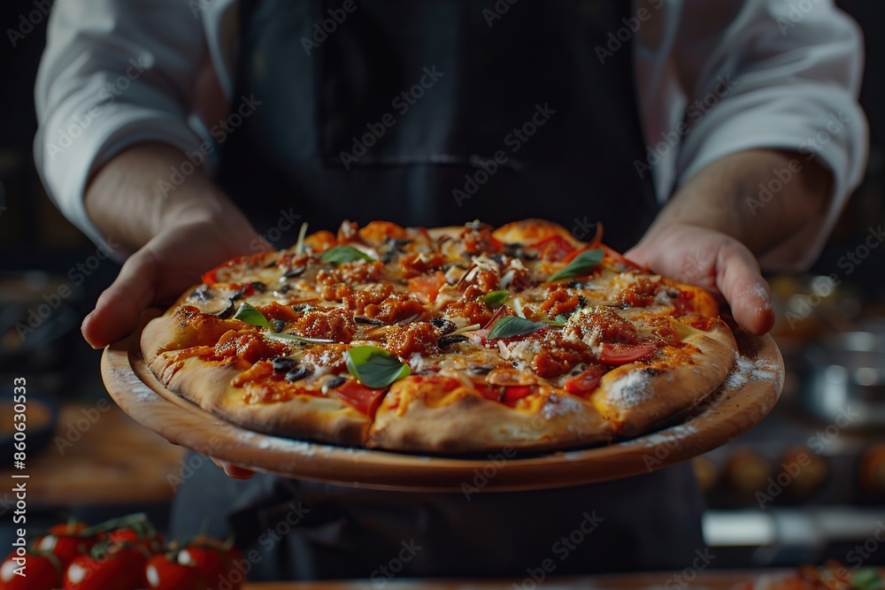 Male chef with hot pizza in restaurant Male chef with hot pizza in restaurant