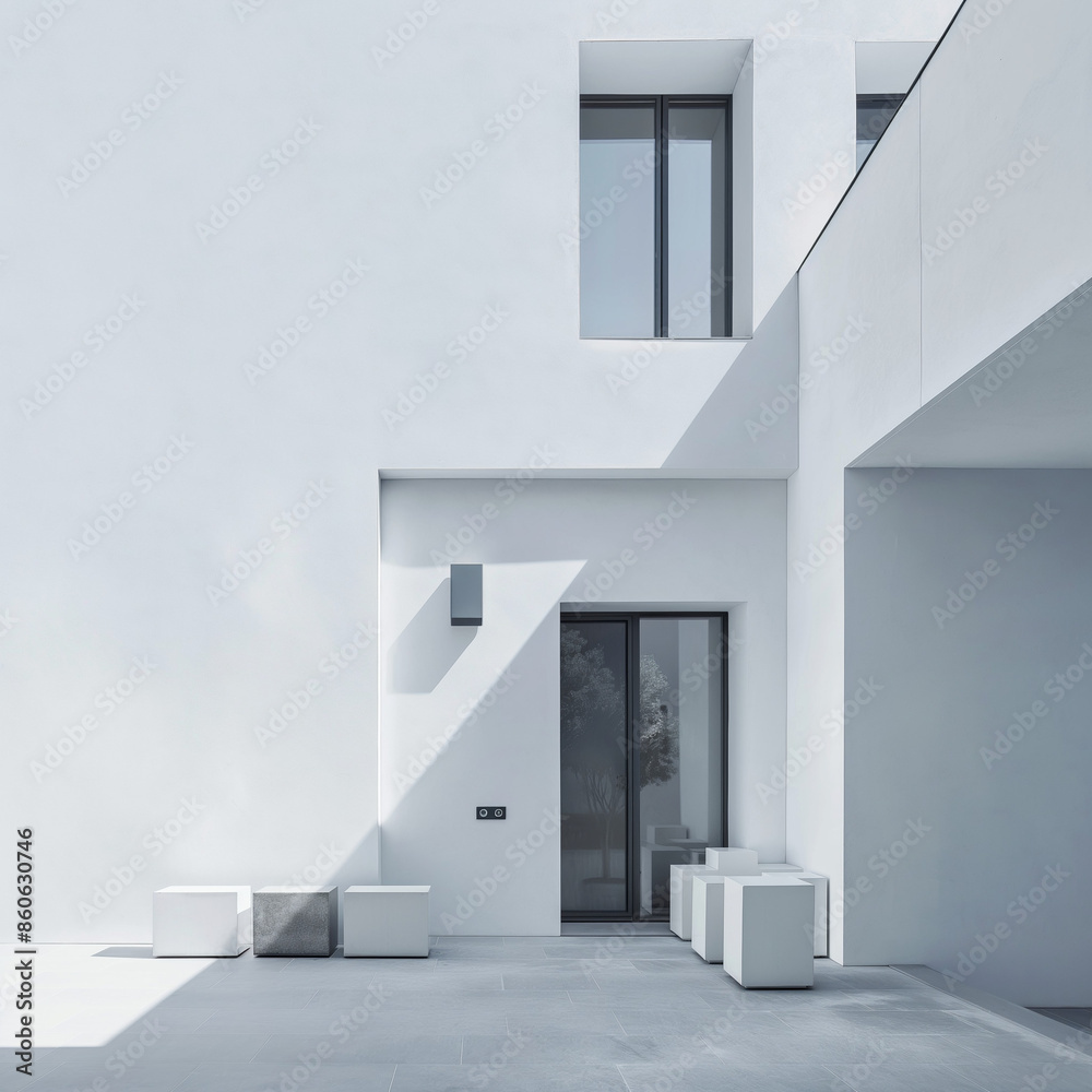 minimalist modern building with white cubes and windows minimalist modern building with white cubes and windows