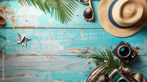 This image captures travel essentials like hats, sunglasses, a camera, and foliage arranged on a turquoise wooden table, depicting a sense of adventure and capture-the-moment vibes. photo