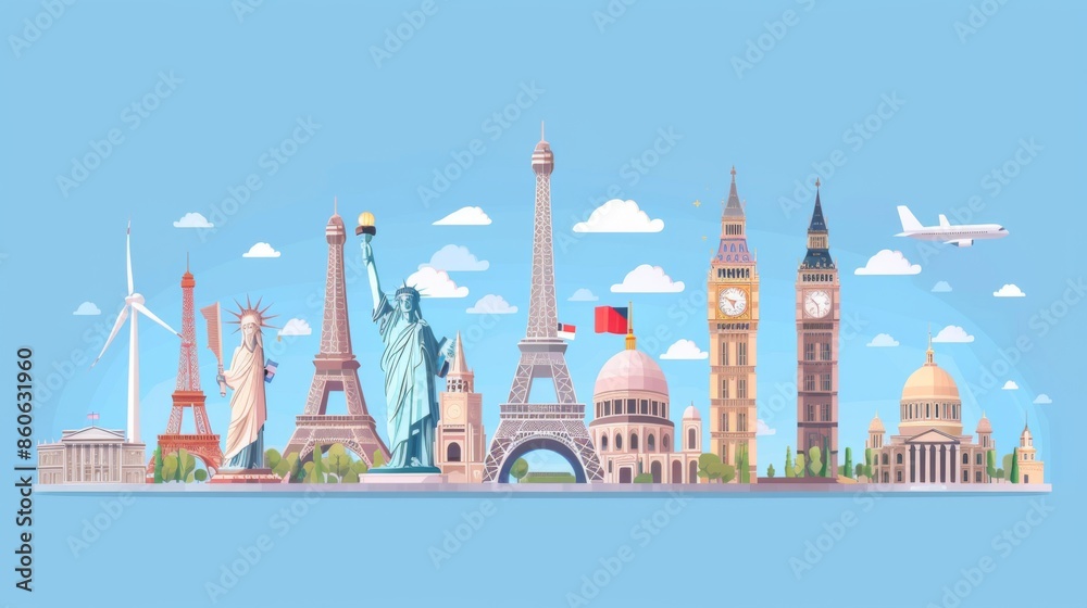 Fototapeta premium A vibrant illustration showcasing famous global landmarks including the Eiffel Tower, Statue of Liberty, Big Ben, and others in a lightly-clouded sky background.
