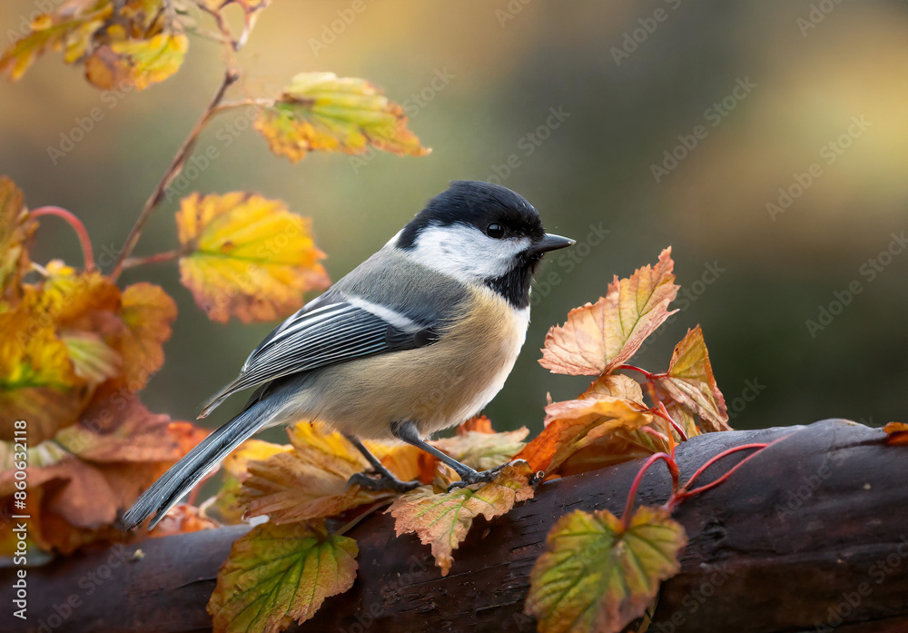 Obraz premium Chickadee bird sitting on a tree branch between brown autumn leaves, blurred background