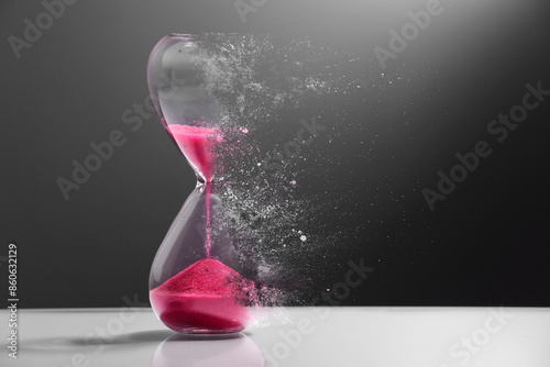 Foto Hourglass dissolving on table against dark background