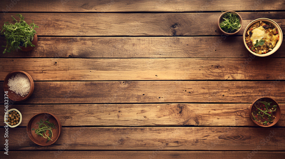 Rustic wooden tabletop with food garnishments Rustic wooden tabletop with food garnishments