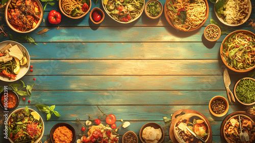 Wallpaper Mural Rustic wooden tabletop with variety of dishes Torontodigital.ca