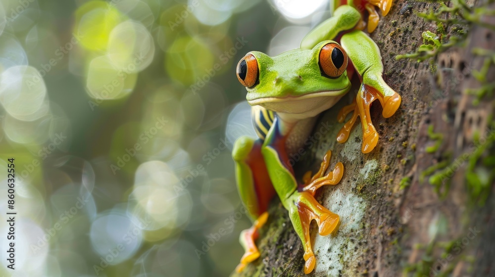 Fototapeta premium A bright green frog with orange feet and large eyes clinging to a tree trunk, set against a bokeh background, showcases the exquisite detail and color of the rainforest.