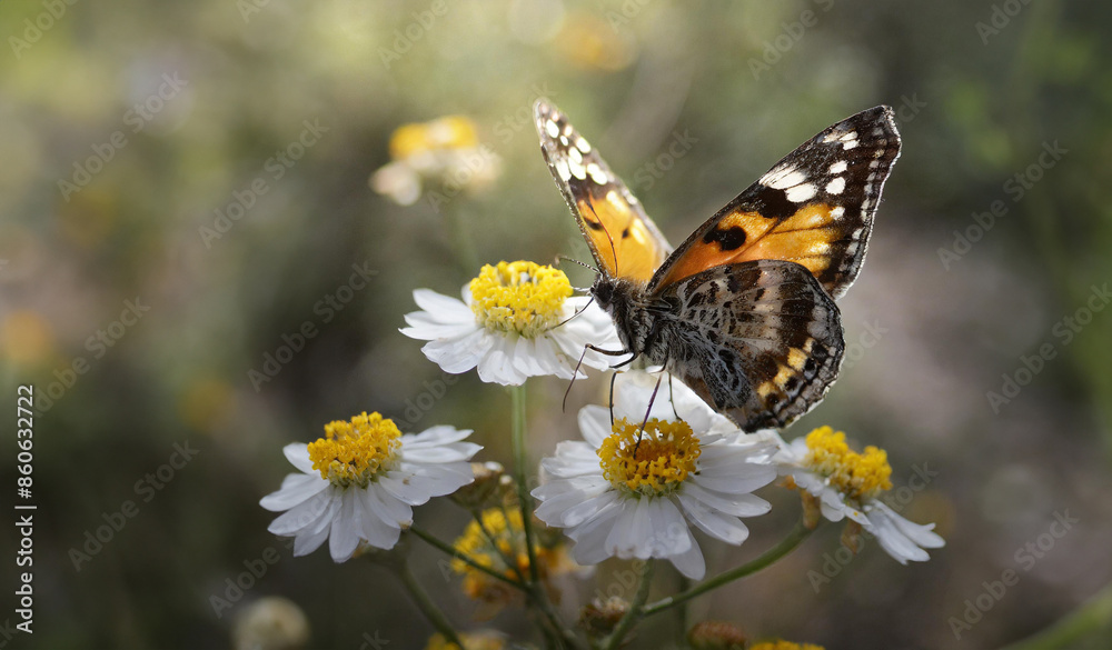 Compton Tortoiseshell butterfly on white small flowers with blurred background Compton Tortoiseshell butterfly on white small flowers with blurred background