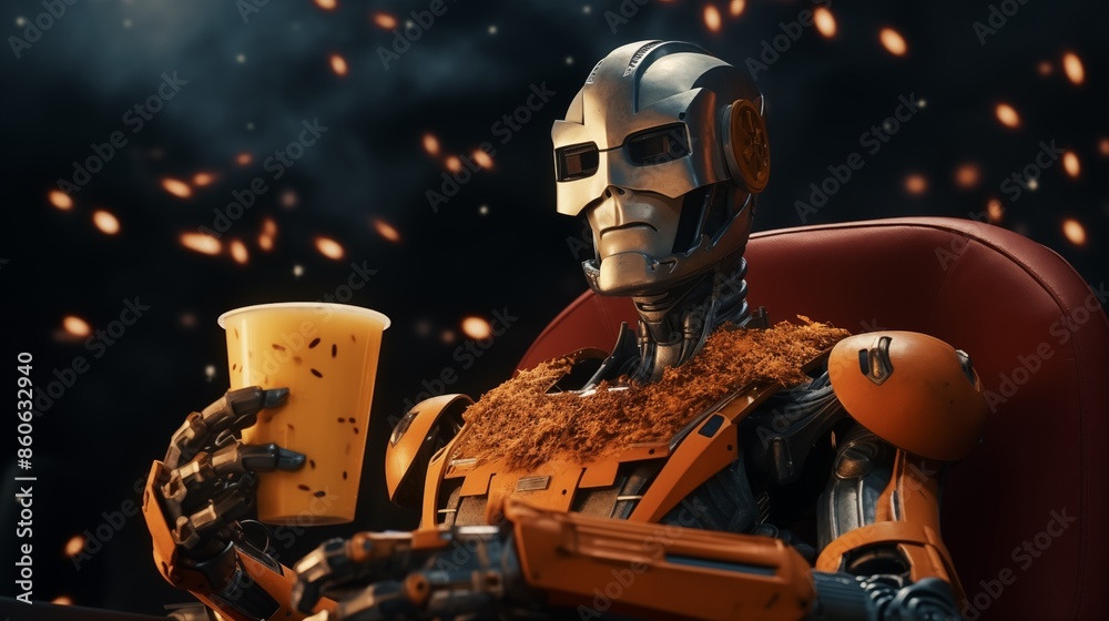 Fototapeta premium Futuristic robot enjoying popcorn in a movie theater.