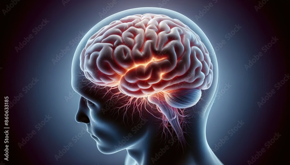Human brain in glowing transparent skull with detailed view of neurons and synapses in futuristic medical illustration Human brain in glowing transparent skull with detailed view of neurons and synapses in futuristic medical illustration