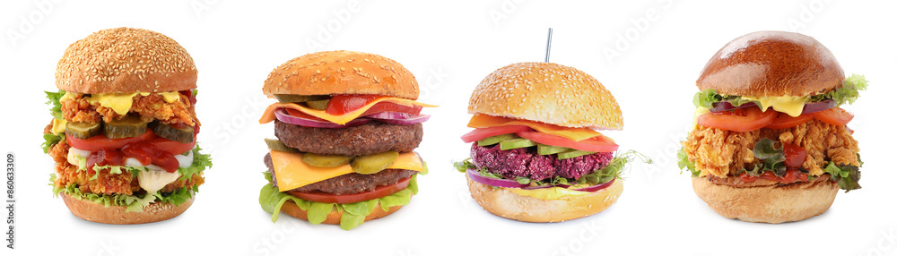 Different delicious burgers isolated on white, set Different delicious burgers isolated on white, set
