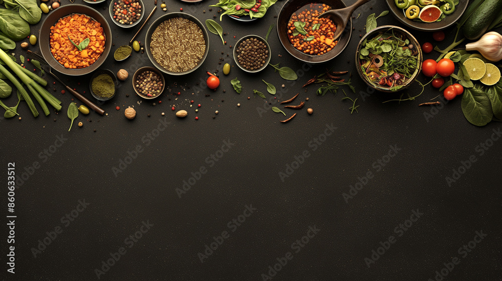Spices, herbs, and vegetables on black background Spices, herbs, and vegetables on black background