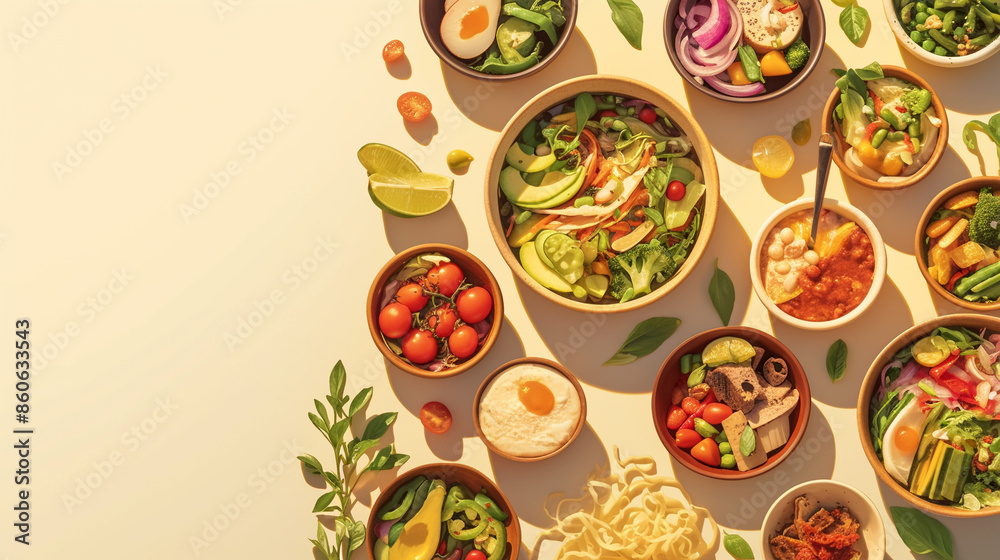 Colorful bowls of food on a yellow surface