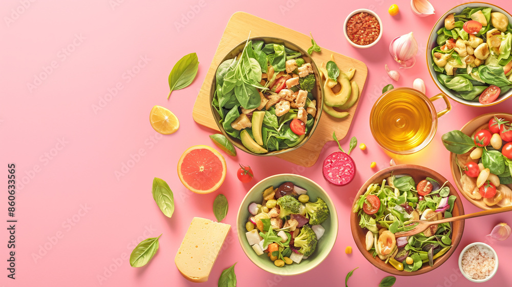 Assorted salads on pink background