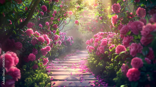 Fototapeta Naklejka Na Ścianę i Meble -  Fantasy pink Roses Flowers bloom and Road leads forward in Fabulous mystical Paradise Garden mysterious Fairy Tale Summer floral Background with glowing sun Rays amazing Heaven Nature  : Generative AI