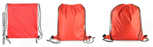 Red drawstring sports bags isolated on white, set photo