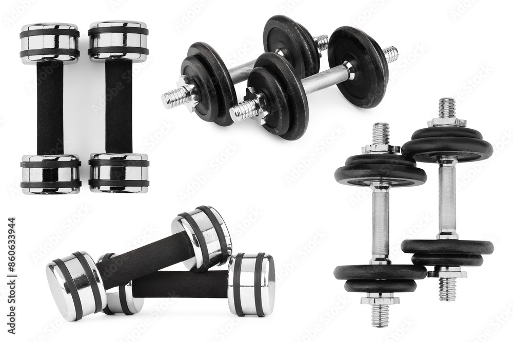 Metal dumbbells isolated on white, set. Sport equipment Metal dumbbells isolated on white, set. Sport equipment