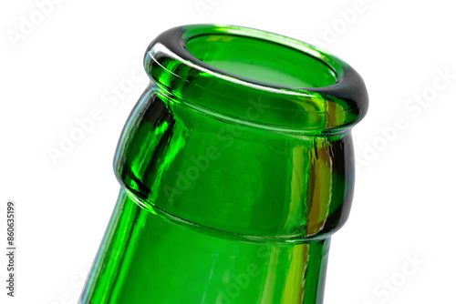 The bottleneck of an empty green bottle. Open green  bottle, cllose-up view. 