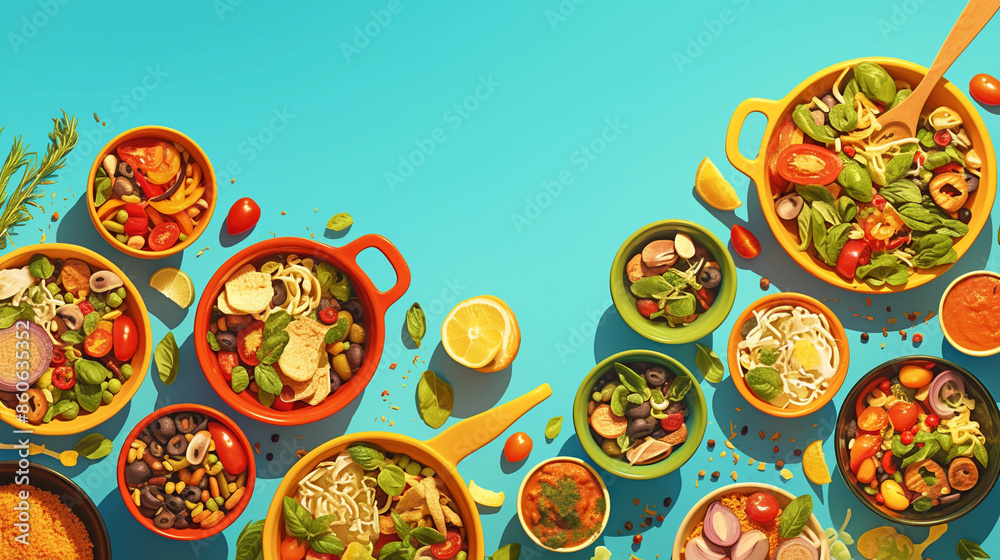 Colorful bowls of vegetarian food on a blue background Colorful bowls of vegetarian food on a blue background