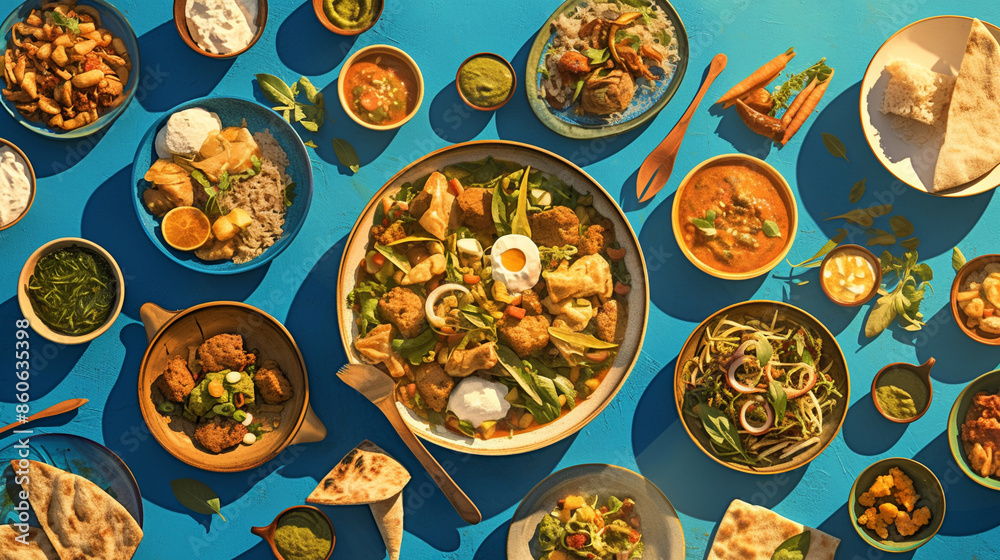 Colorful middle eastern feast on a blue table Colorful middle eastern feast on a blue table