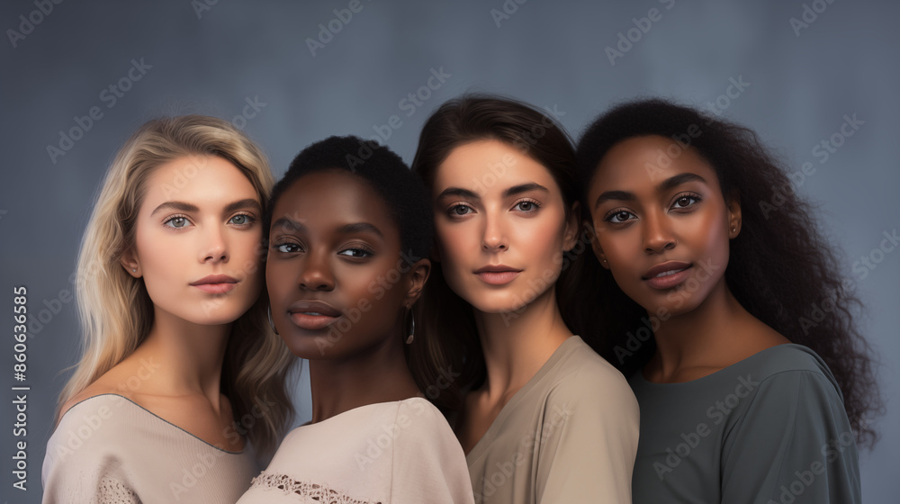 Portrait of multiracial women in studio looking at camera over grey background Portrait of multiracial women in studio looking at camera over grey background