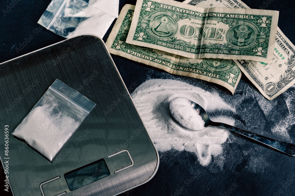 heroin is weighed on scales and packaged in small bags, with dollars lying nearby