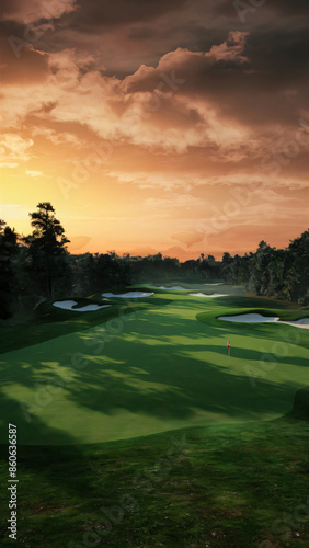 A breathtaking golf course stretching out towards a sprawling green against sunset backdrop. photo