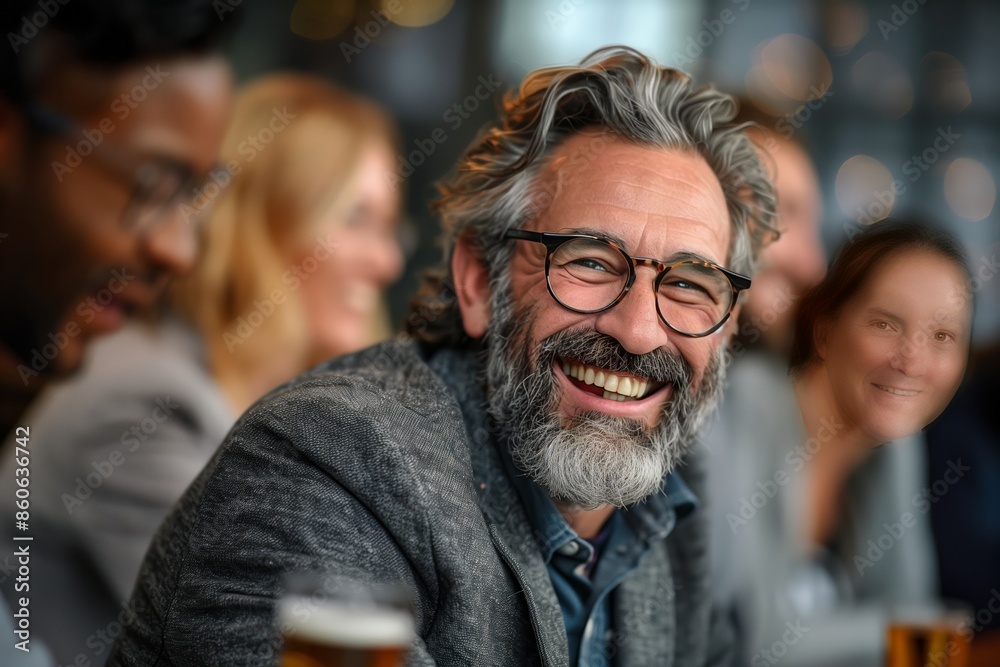 Happy Man Wearing Glasses Smiling at Camera in Restaurant Happy Man Wearing Glasses Smiling at Camera in Restaurant