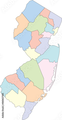 Editable vector file of the counties that make up the state of New Jersey, located in the United States of America.