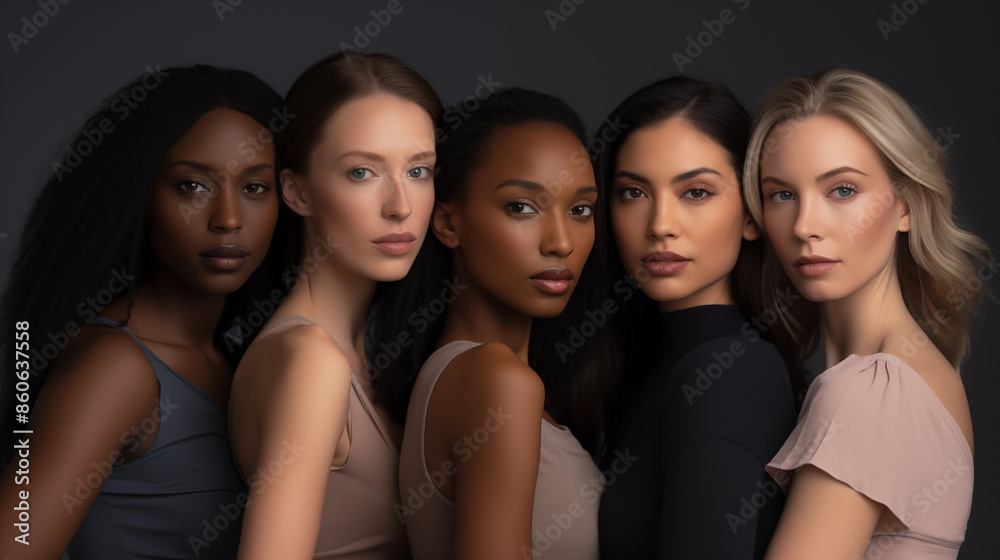 Portrait of multiracial women in studio looking at camera over grey background Portrait of multiracial women in studio looking at camera over grey background