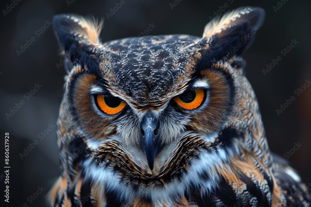 Close-up of an owl's face with piercing orange eyes. Close-up of an owl's face with piercing orange eyes.
