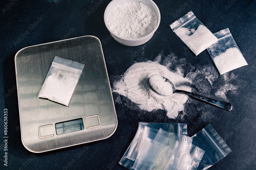 heroin is weighed on scales and packaged in small bags, with syringes and pills lying nearby