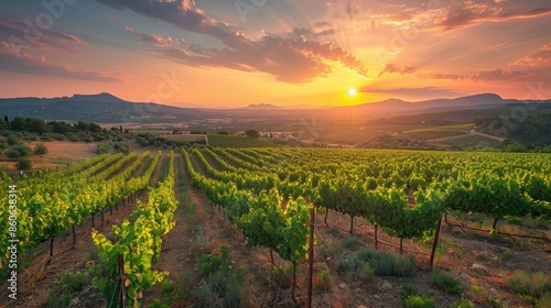 Sunset over vineyards in languedoc