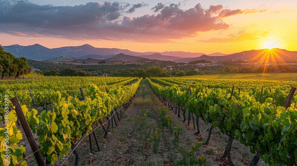 Naklejka premium Sunset over vineyards in languedoc