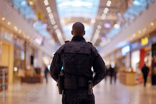 security guard in black stands vigilant at mall, back view © -=RRZMRR=-