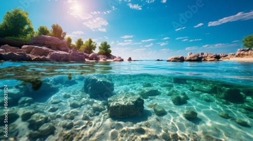 Scenic rocky shoreline with blue ocean water glistening under the radiant sun rays
