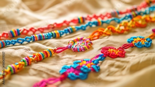 Close-up of colorful friendship bracelets arranged on a soft, beige fabric, each featuring intricate patterns and vibrant colors, representing unity.