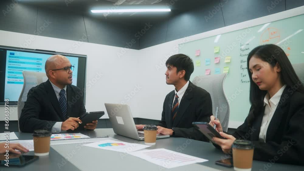 Diverse group Asian business team analyzing statistics financial meeting with stressed appearing serious and focused. Unity and diversity of position executive, manager and employee teamwork concept. Diverse group Asian business team analyzing statistics financial meeting with stressed appearing serious and focused. Unity and diversity of position executive, manager and employee teamwork concept.