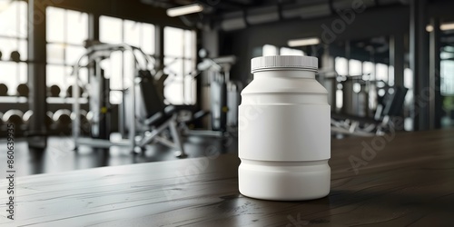 Creatine monohydrate jar mockup in gym setting for sports nutrition product. Concept Sports Nutrition Product, Gym Setting, Creatine Monohydrate, Jar Mockup, Fitness Supplement photo