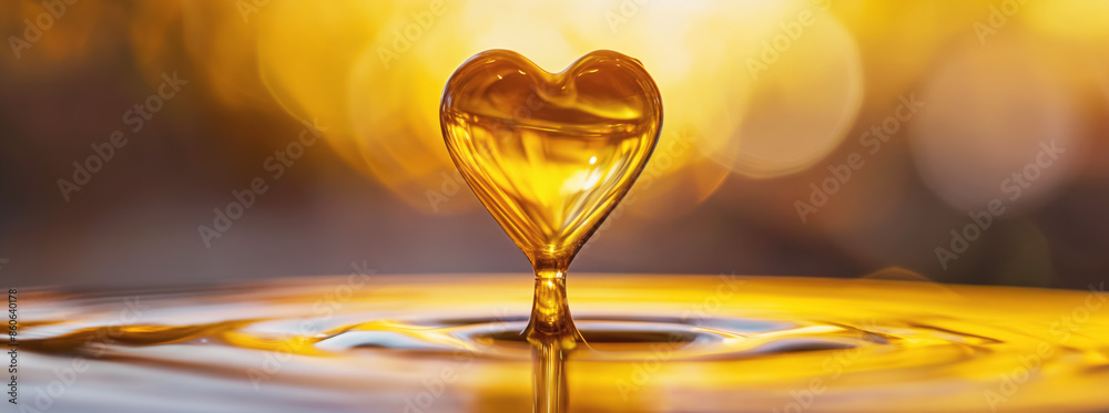 Yellow gel or oil drop in shape of heart, water surface below. Generative AI