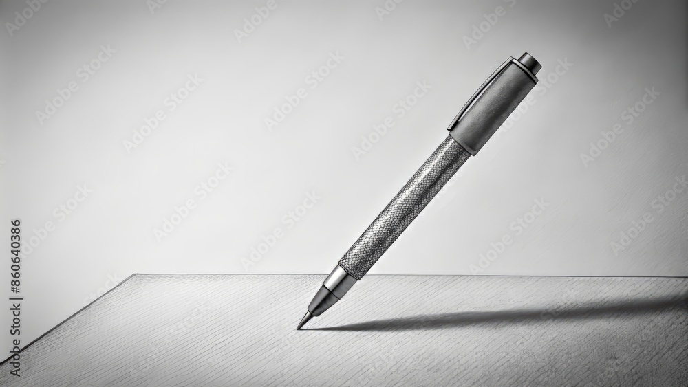 Simplified, stippled, monochromatic line art illustration of a solitary pen hovering above blank paper, awaiting creative expression. Simplified, stippled, monochromatic line art illustration of a solitary pen hovering above blank paper, awaiting creative expression.
