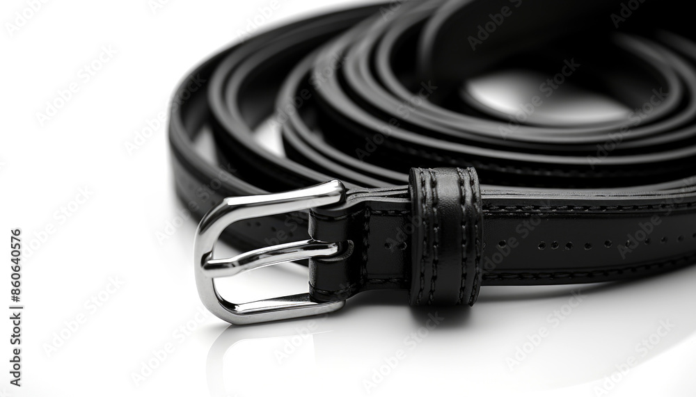 Black Leather Belt with Silver Buckle on White Background Black Leather Belt with Silver Buckle on White Background