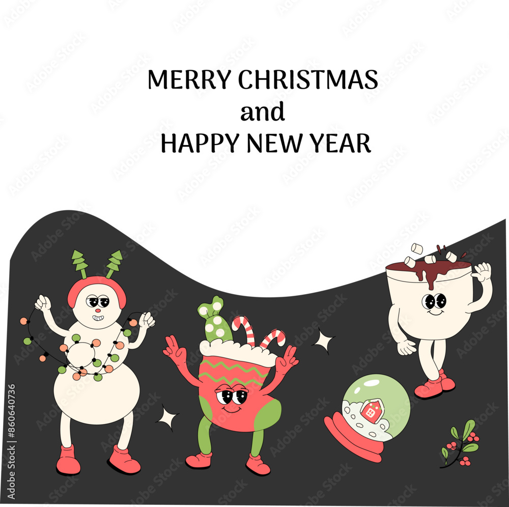 Christmas groovy banner with cartoon characters. Xmas square background. Merry Christmas and Happy New Year banner template. Groovy y2k characters and elements background. Christmas groovy banner with cartoon characters. Xmas square background. Merry Christmas and Happy New Year banner template. Groovy y2k characters and elements background.