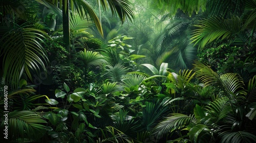A vibrant, lush tropical rainforest with dense foliage and vibrant green hues, perfect for eco-tours and nature reserves. Generative AI