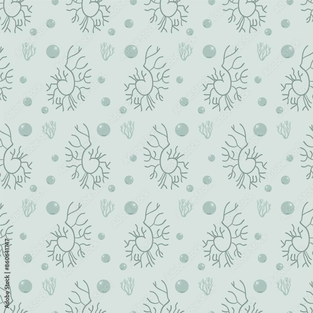 Fototapeta premium Algae and water bubbles seamless pattern. Underwater life endless background. Vector hand drawn flat illustration.