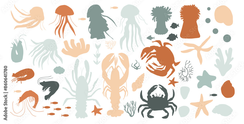 Fototapeta premium Underwater silhouettes life isolated on white background. Collection of jellyfish, sea anemones, lobster, crabs, shrimp, starfish, shells, corals and seaweed. Set of Vector flat illustration