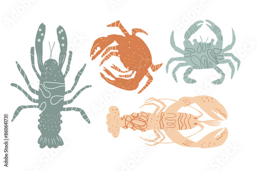 Crustaceans isolated on white background. Marine animals and underwater life. Set of stylized lobsters, crabs and crawfish. Vector hand drawn flat collection illustration.