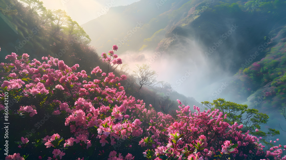 Fototapeta premium Morning scenery in the mountains where azaleas bloom beautifully : Generative AI