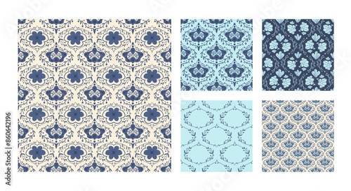 Vintage damask flowers and branches seamless patterns collection. Floral retro endless backgrounds set. Flower and leaves ornament tile. Blue botanic repeat cover. Vector hand drawn illustration.